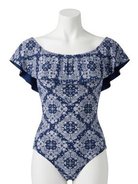 Zara Girls Navy Bandana Paisley Off The Shoulder Ruffle Bodysuit Top Size 12